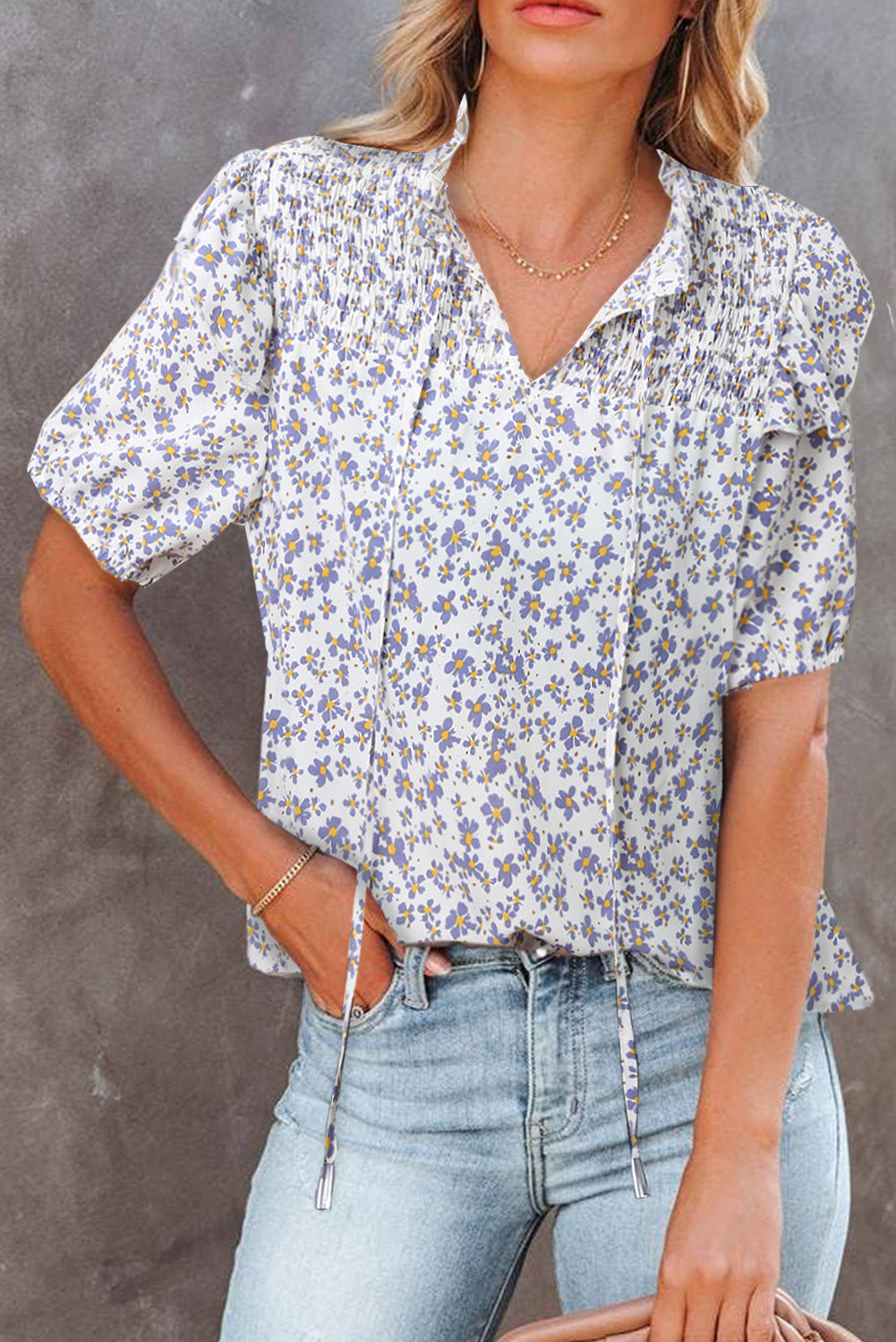 Floral Print Smocked Ruffled V Neck T-shirt