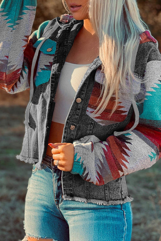 Aztec Print Frayed Hem Denim Jacket