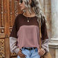 Contrast Splice Waffle Long Sleeve Casual Top For Women