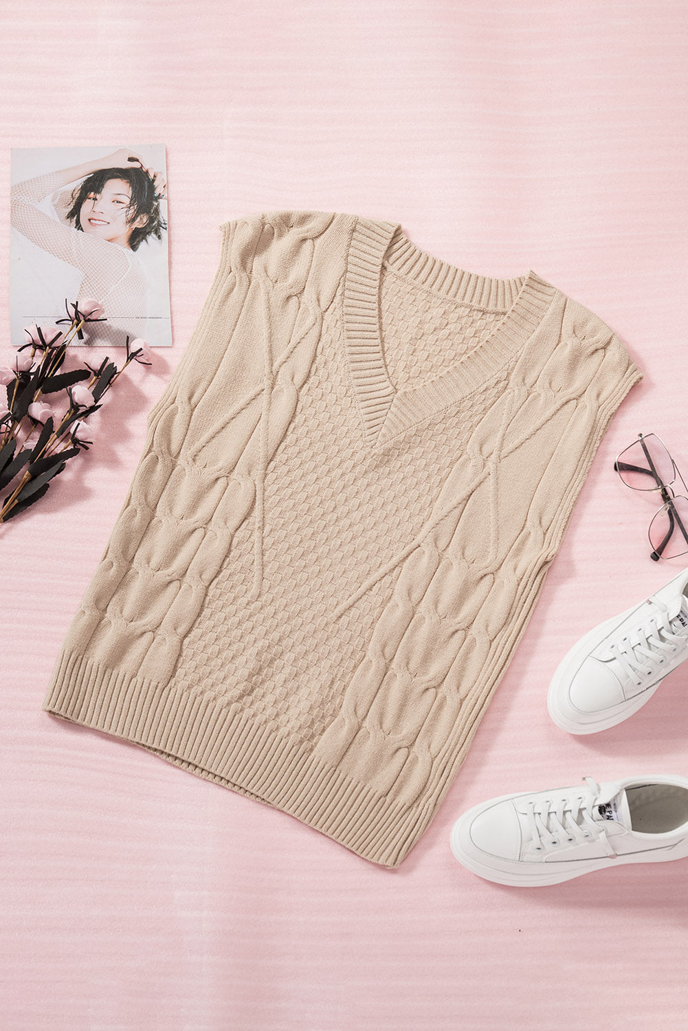 V-Neck Twist Knitted Vest Sweater