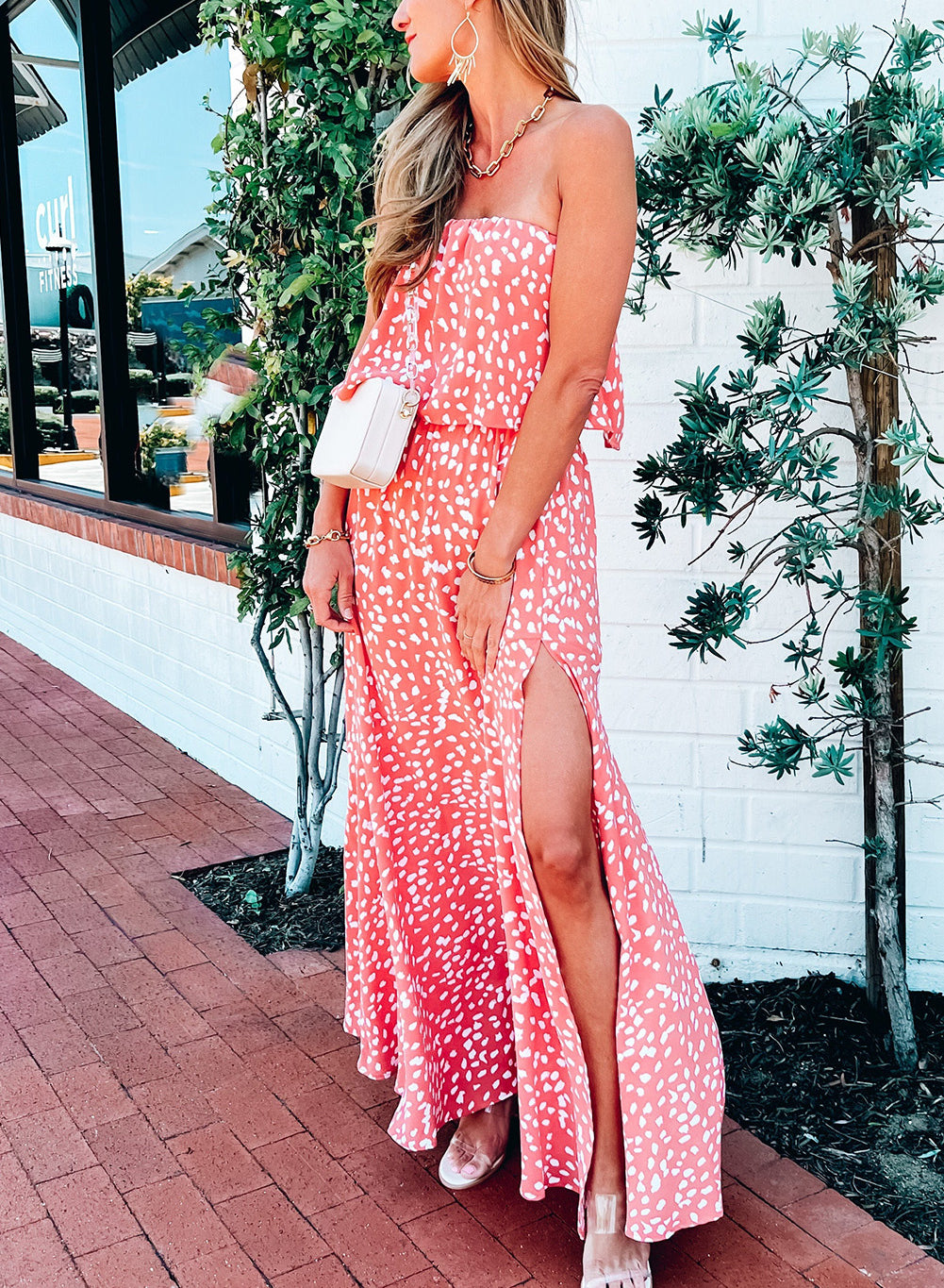 Leopard Print Strapless Maxi Dress with Split