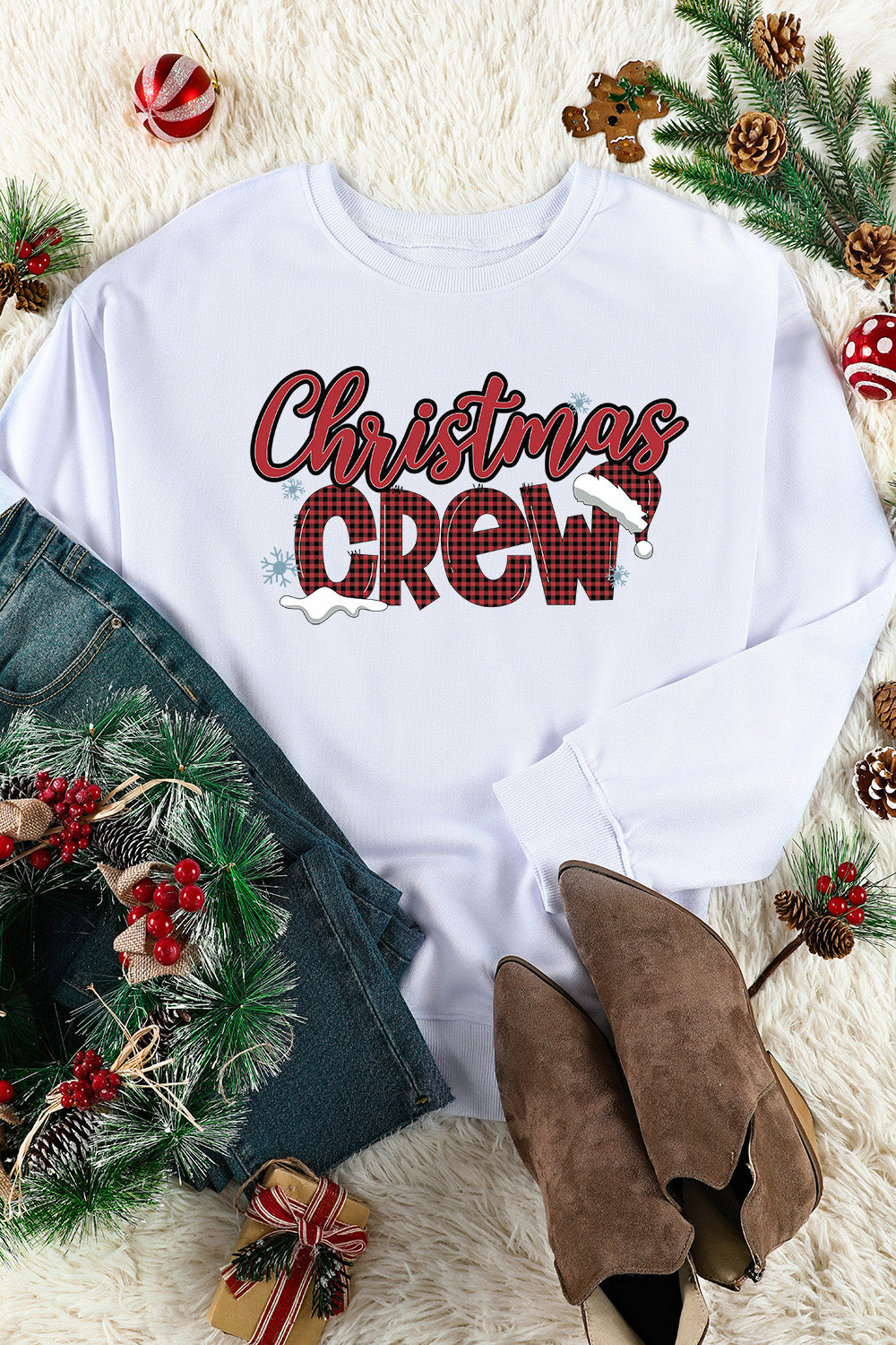White Christmas Crew Plaid Graphic Print Pullover Sweatshirt