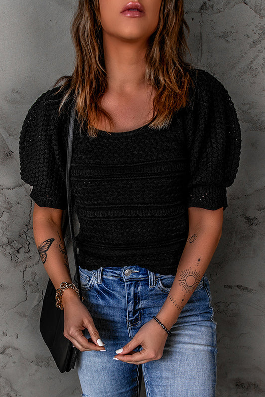 Black Crochet Puff Sleeve Knit Top