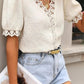 Lace Jacquard Short Sleeve V Neck Casual Shirt