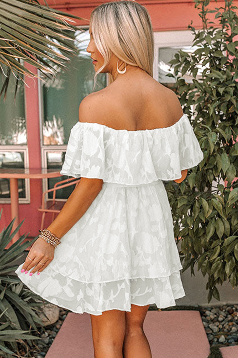 Floral Pattern Off-shoulder Ruffle Dress with Cinched Waist