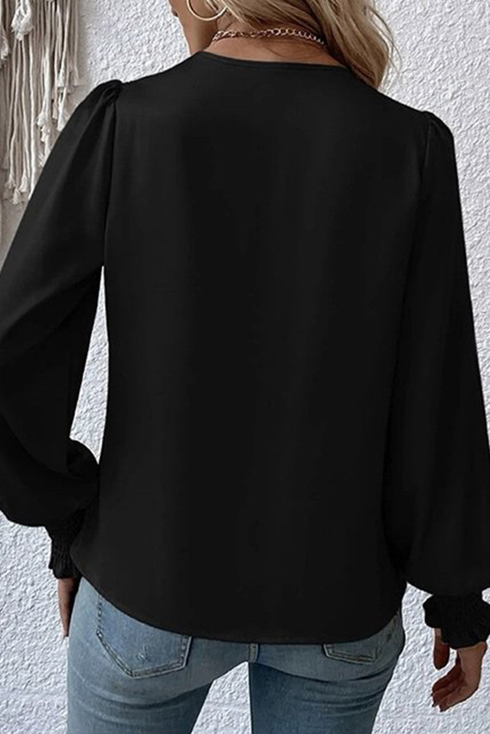 Drape V Neck Smocked Long Sleeve Blouse