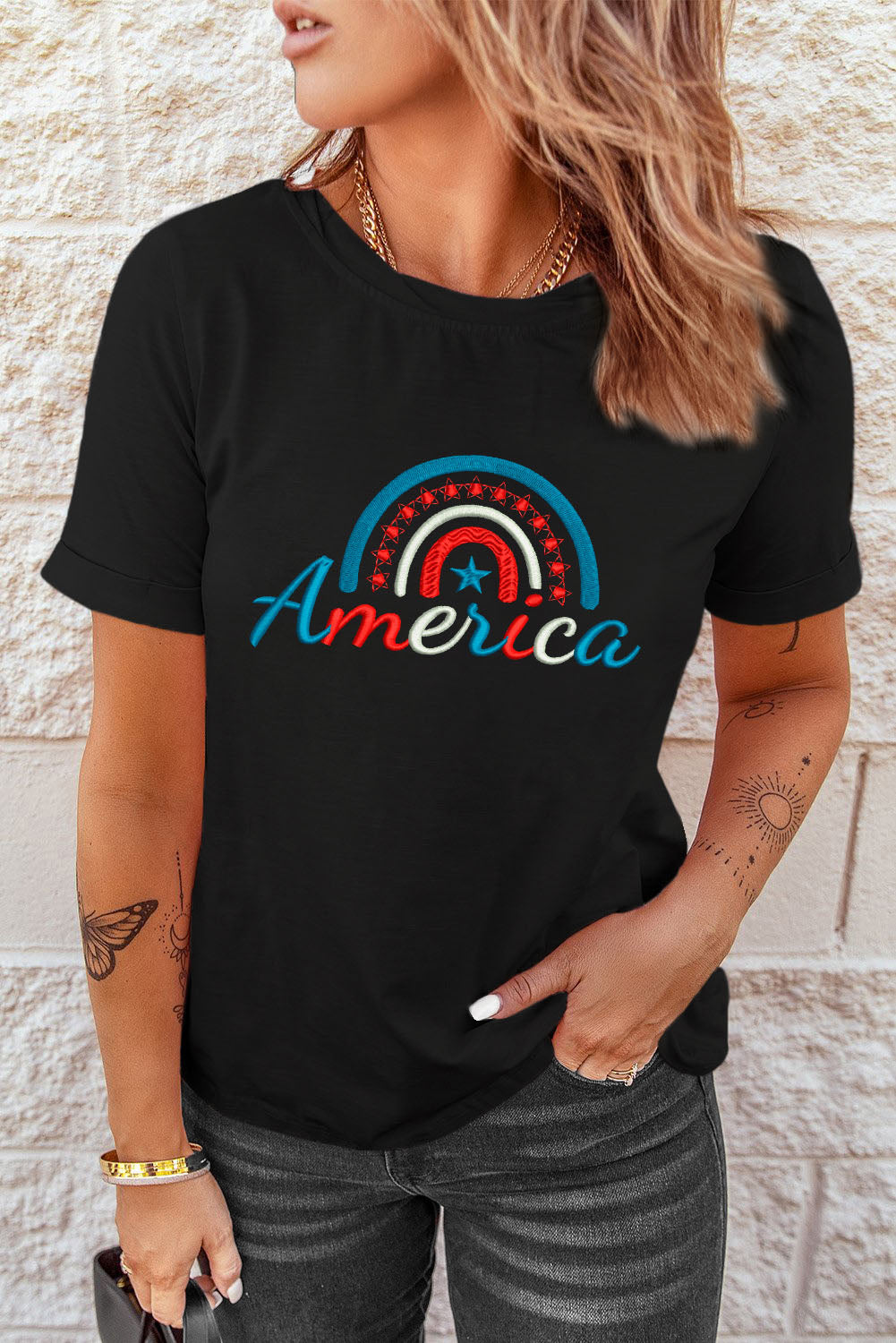 America Stars Graphic Embroidered Short Sleeve T Shirt
