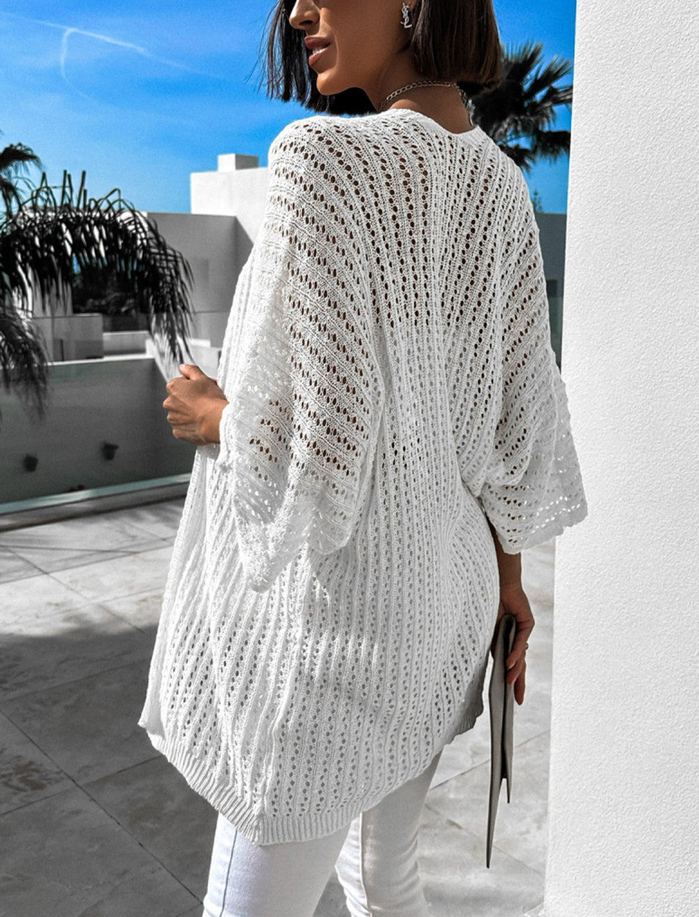 White Hollow-out Knit Kimono Lightweight Cardigan