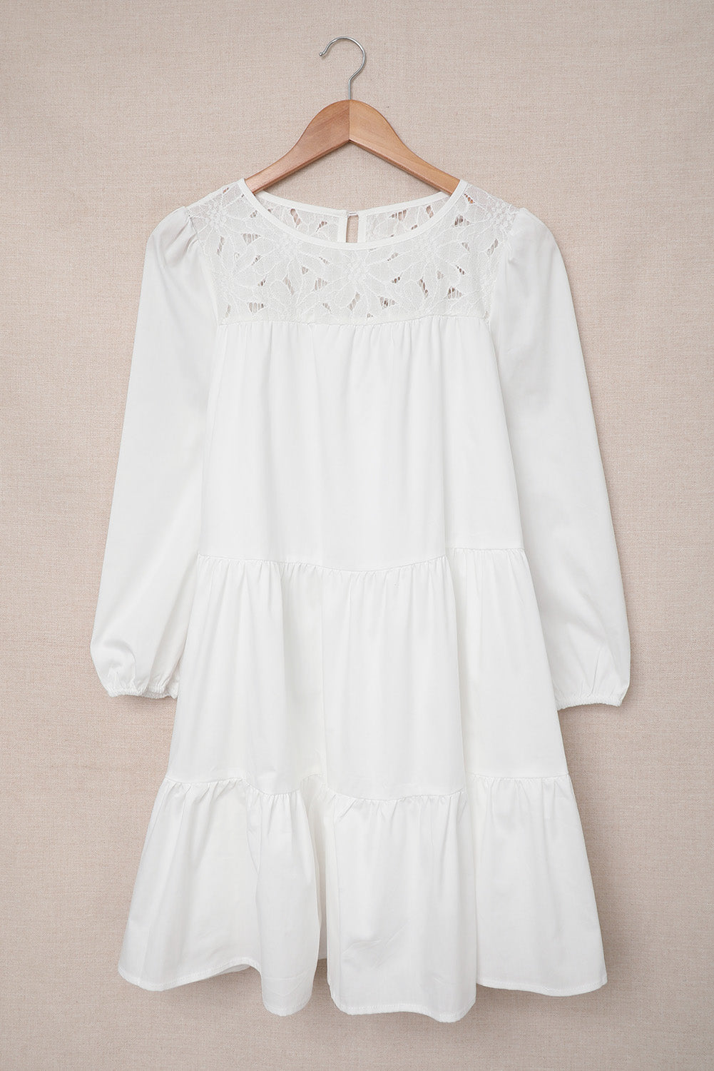 Eyelet Lace Yoke Mini Dress with 3/4 Bubble Sleeves