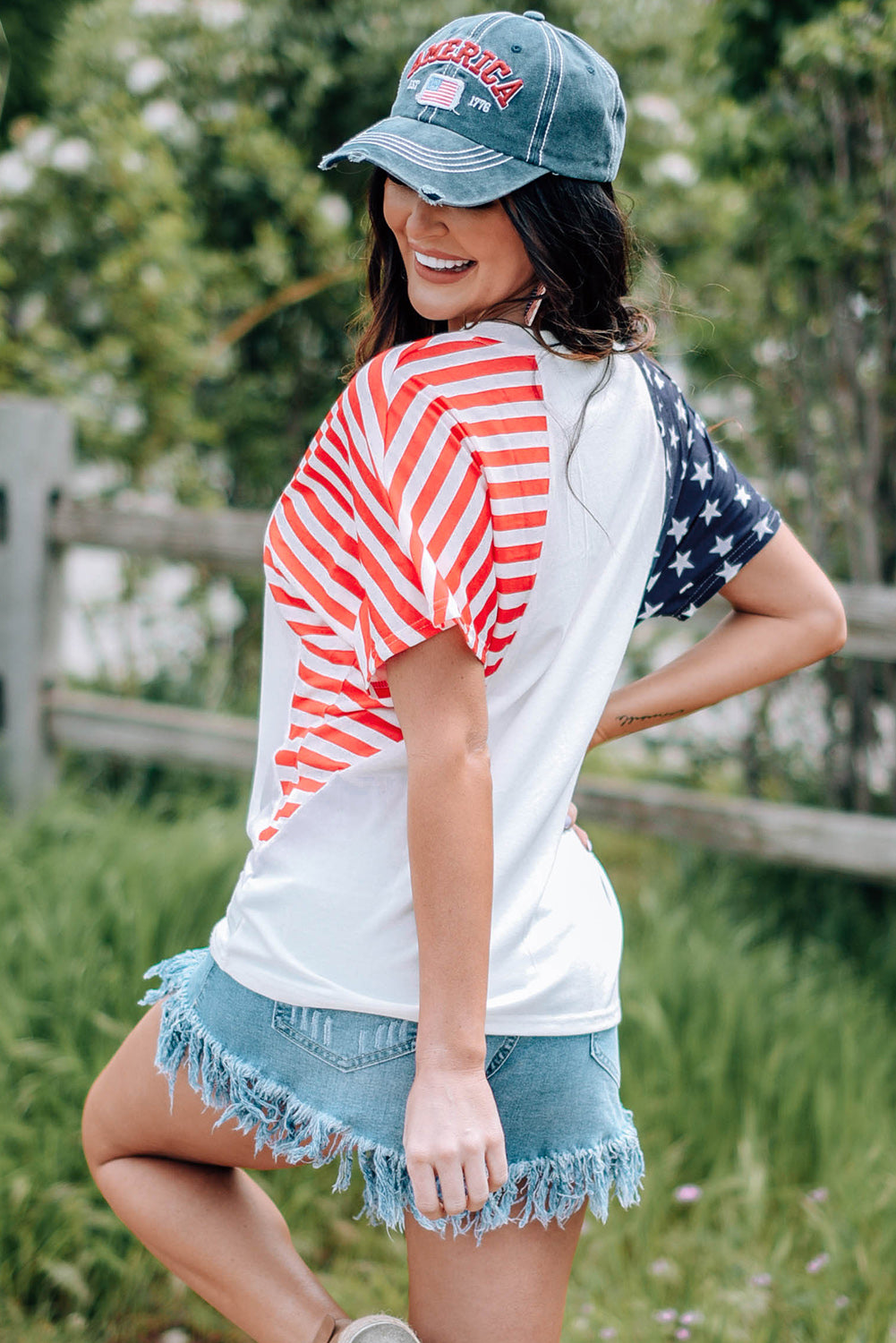 White The US Stars and Stripes V Neck Tee