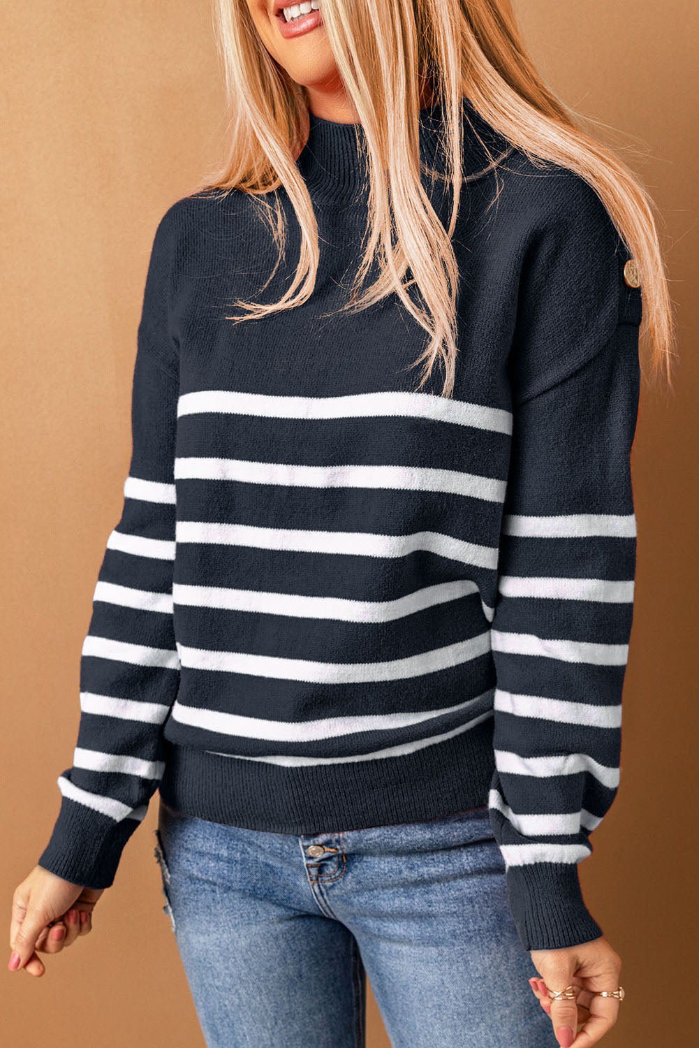 Striped Turtleneck Long Sleeve Sweater with Buttons