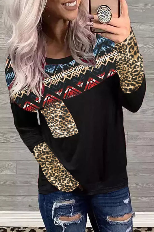 Leopard Geometric Splicing Pocket Long Sleeve Shirt
