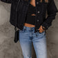 Black Frayed Trim Button Down Denim Jacket
