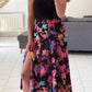 Black Abstract Floral Print Pleated Slit Skirt