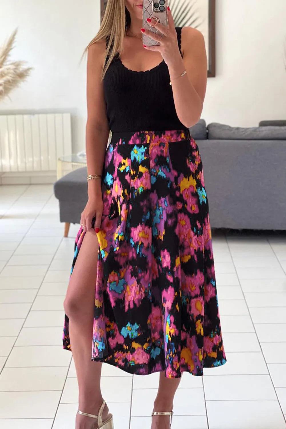 Black Abstract Floral Print Pleated Slit Skirt