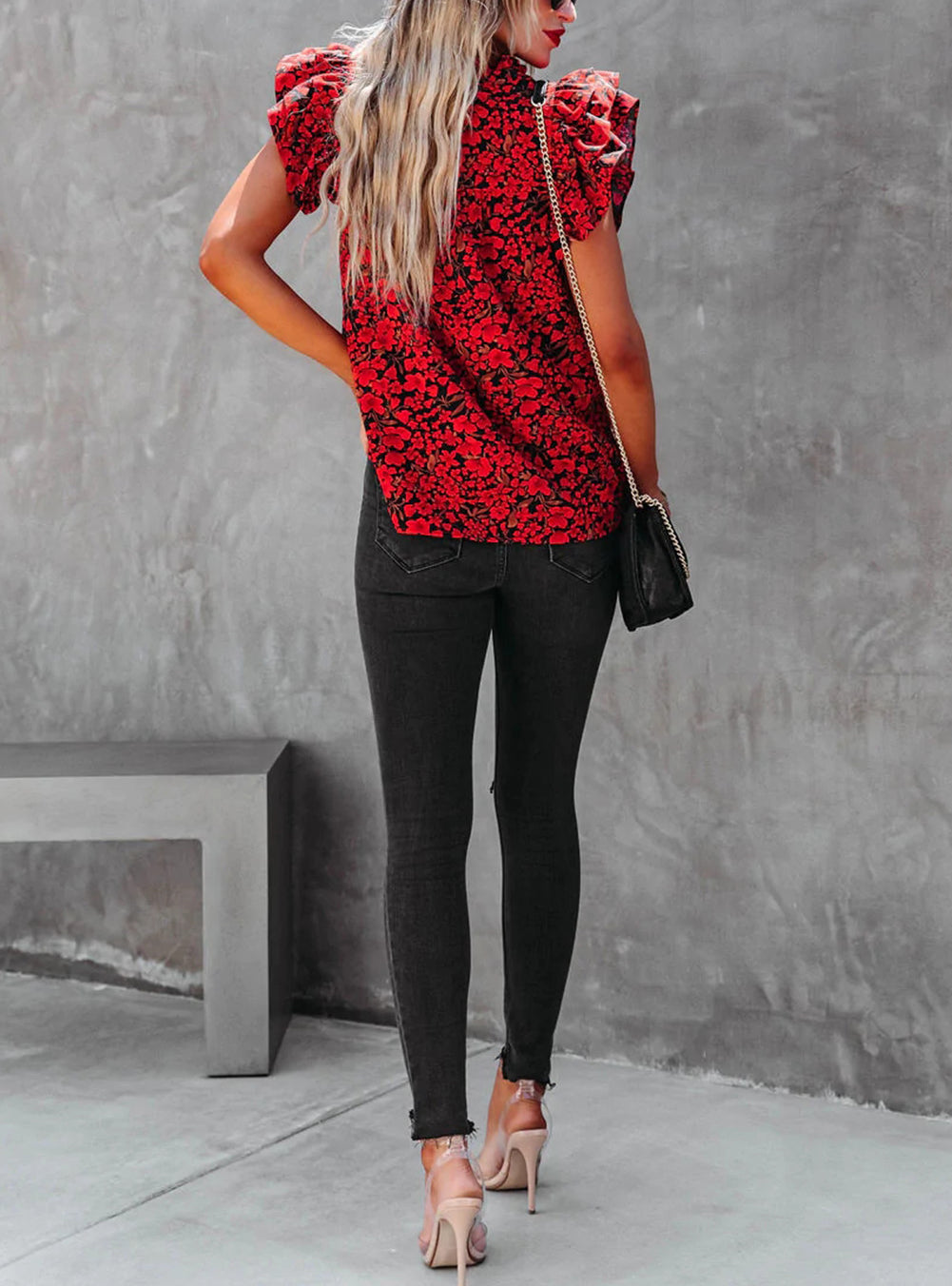 Floral Print Tiered Flutter Sleeve V Neck Top