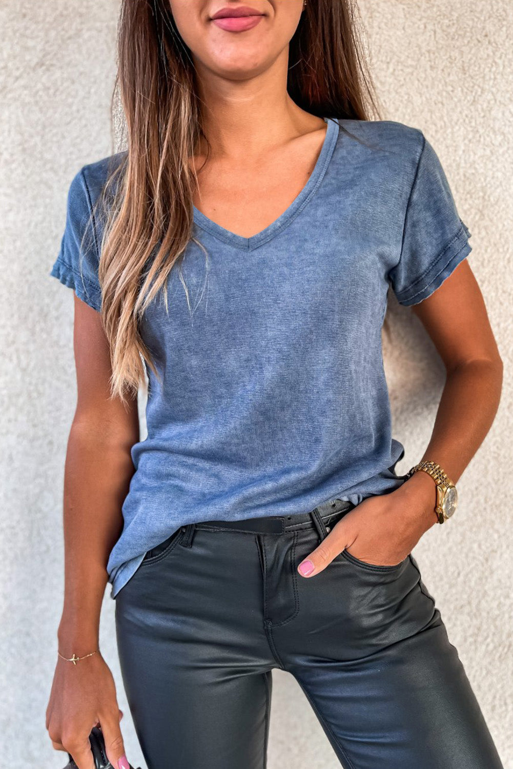 Sky Blue Mineral Washed V Neck Short Sleeve T Shirt