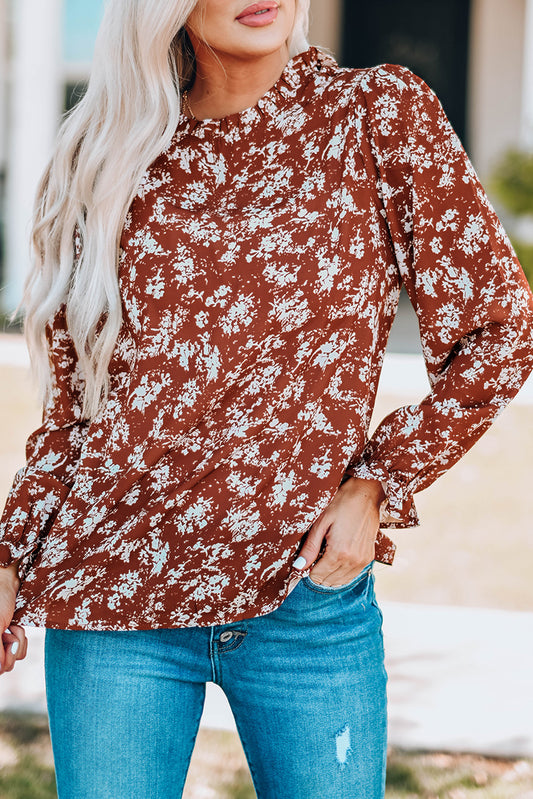 Print Ruffled Crew Neck Long Sleeve Blouse