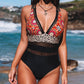Red Floral Leopard Splicing Color Block Mesh One Piece Swimsuit