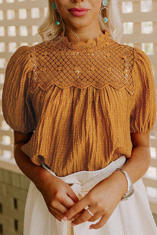 Orange Textured Crochet Keyhole Puff Sleeve Blouse