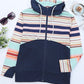 Striped Color Block Thumbhole Sleeve Full Zip Hoodie