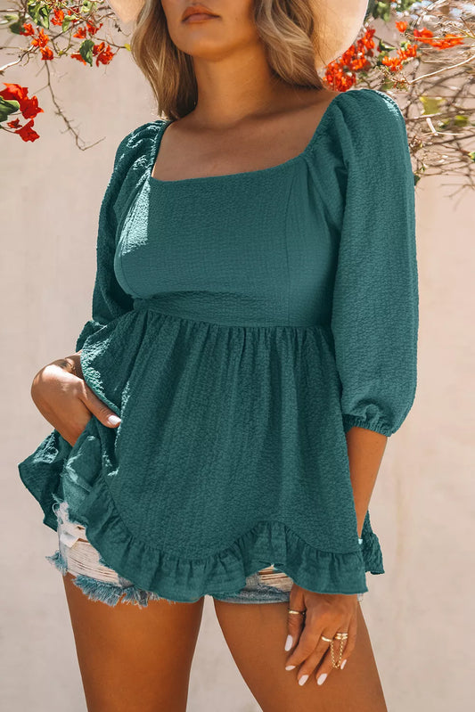 Ruffled Smocked 3/4 Sleeve Square Neck Blouse