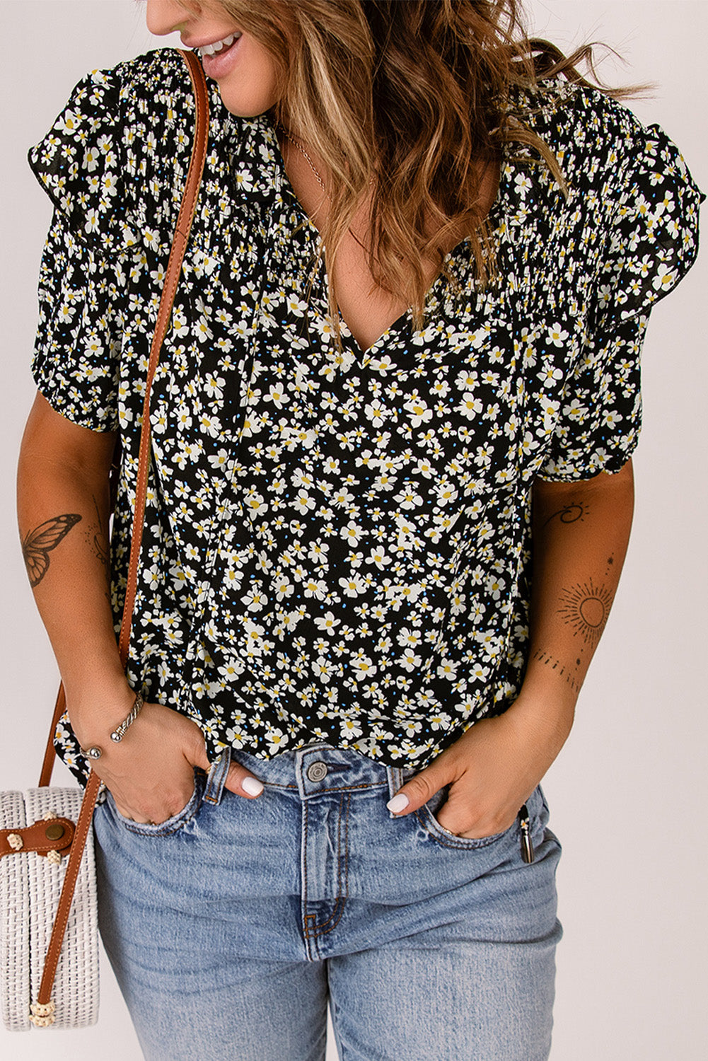 Floral Print Smocked Ruffled V Neck T-shirt