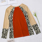 Brown Christmas Tree Leopard Color Block V Neck Top