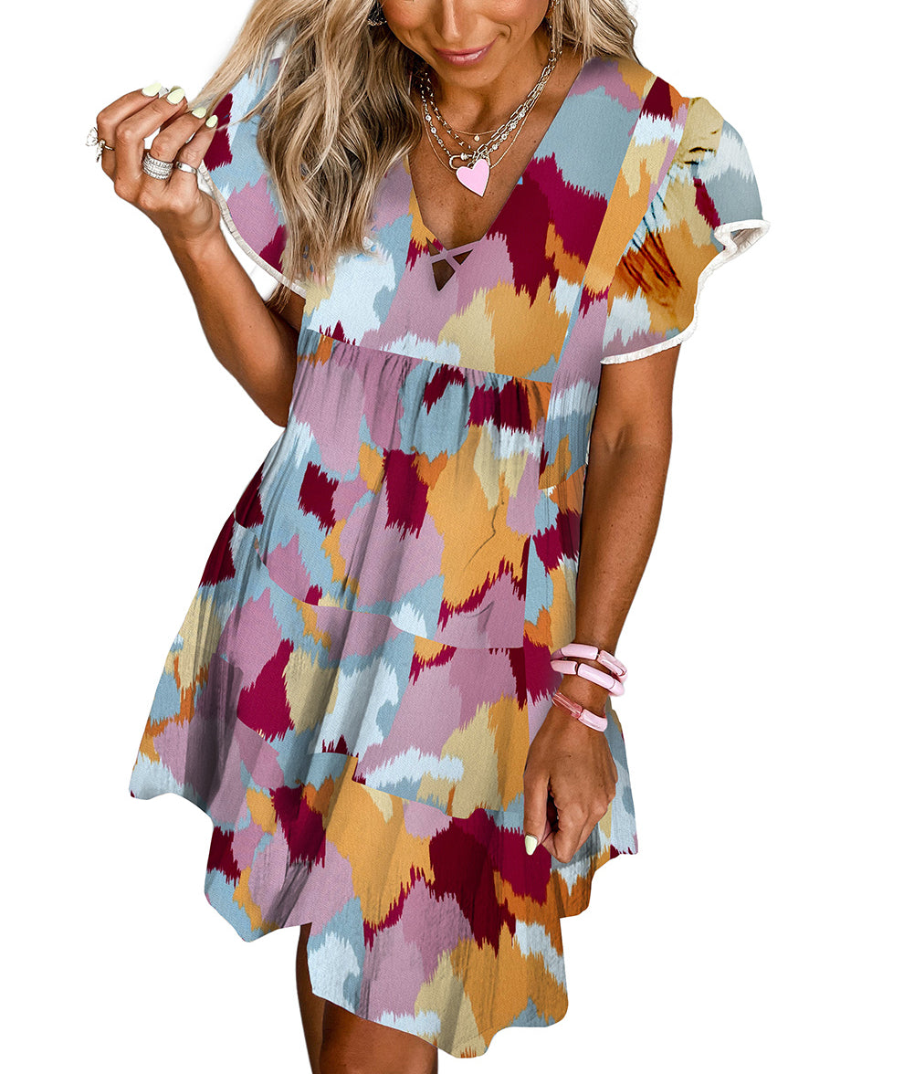 Red Printed Crisscross Decor V Neck Flutter Sleeve Dress