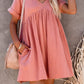 Pink Roll Up Short Sleeve V Neck Babydoll Mini Dress