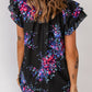 Black Butterfly Sleeves Split V Neck Tie-dye Print Blouse