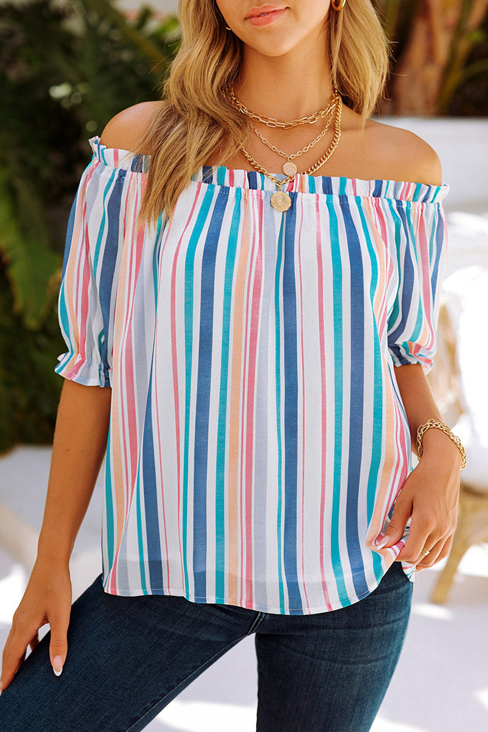 Stripe Off The Shoulder Rainbow Striped Top
