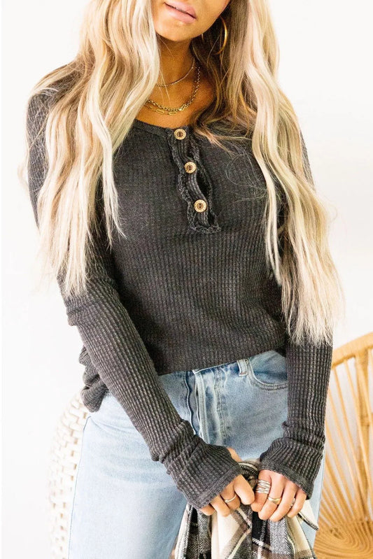 Waffle Knit Long Sleeve Henley Top