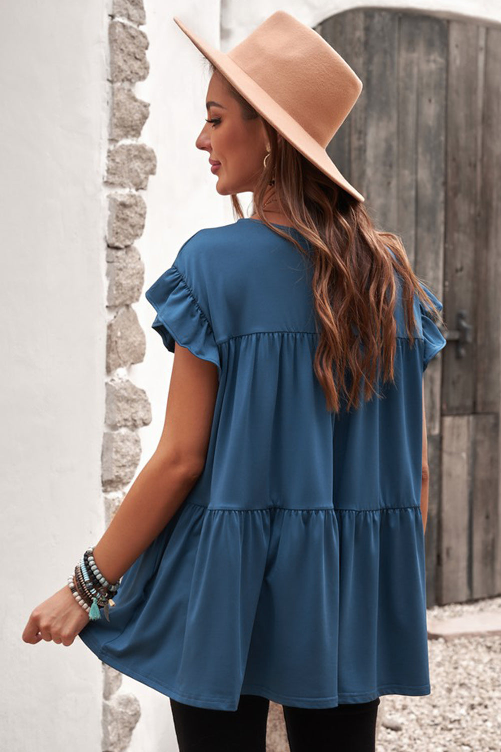 Short Sleeve Keyhole Ruffled Babydoll Top