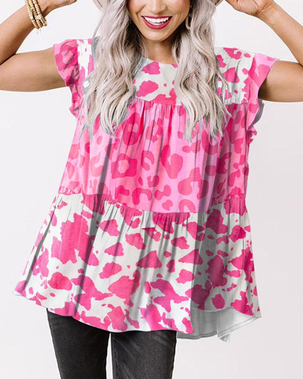 Pink Leopard Cow Spots Tiered Ruffle Blouse