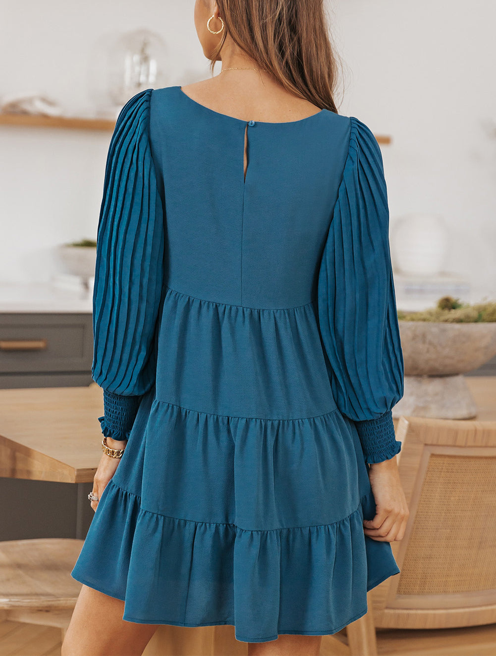 Pleated Bubble Sleeves Tiered Ruffle Mini Dress