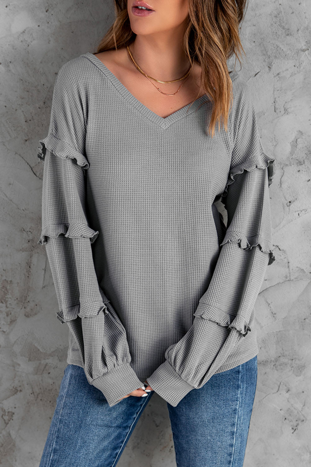 Waffle Ruffled V Neck Loose Knit Top