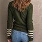 Green Striped Sleeve Plain Knit Sweater