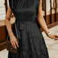 Black Satin Leopard Tie Waist Frilled Sleeveless Dress