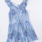 Sky Blue Floral Print Lace-up Open Back Ruffled V Neck Babydoll Dress