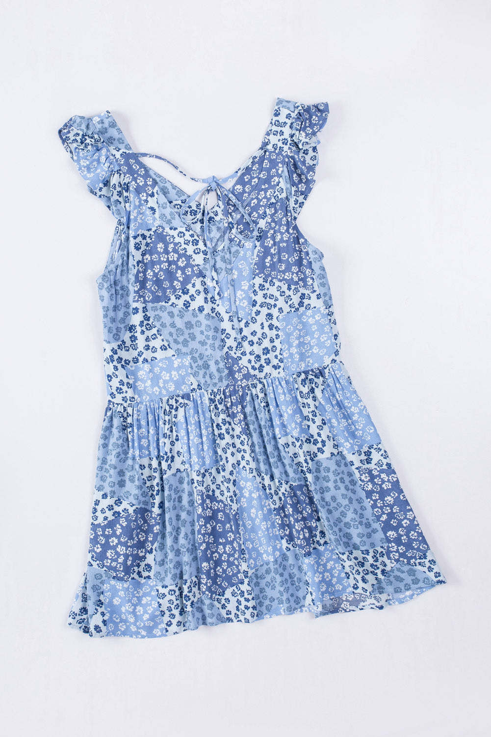 Sky Blue Floral Print Lace-up Open Back Ruffled V Neck Babydoll Dress