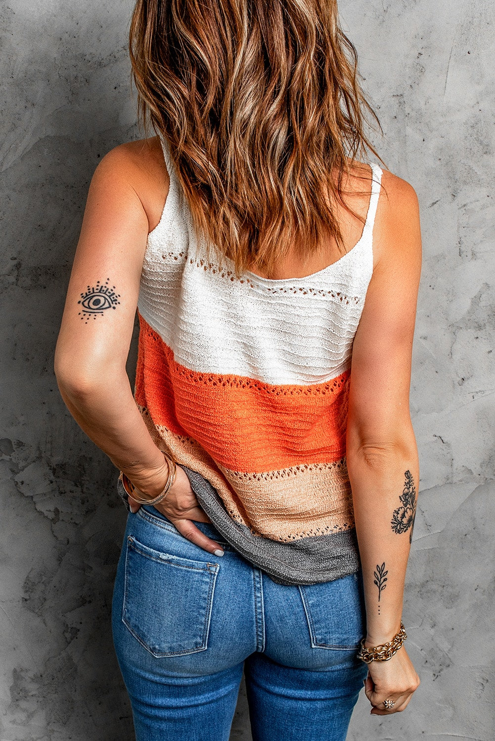 Adjustable Spaghetti Straps Colorblock Knit Tank Top