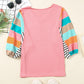 Pink Stripe Color Block Bubble Sleeve Top