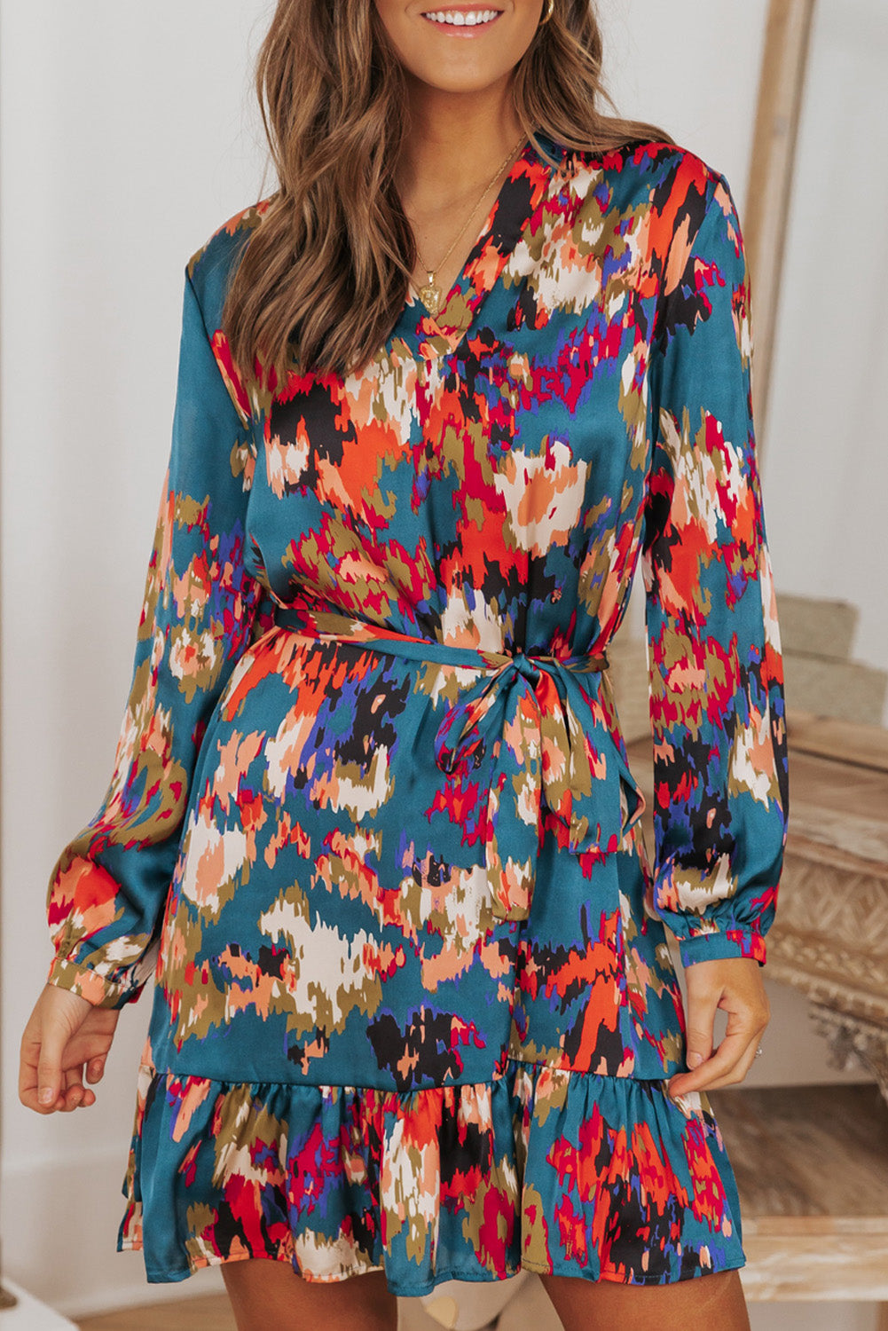 Ruffled Drawstring High Waist Mini Dress