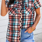 Plaid Leopard Patchwork Pocket Short Sleeve Shirt