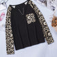 Leopard Pocket Notched Neck Raglan Sleeve Blouse