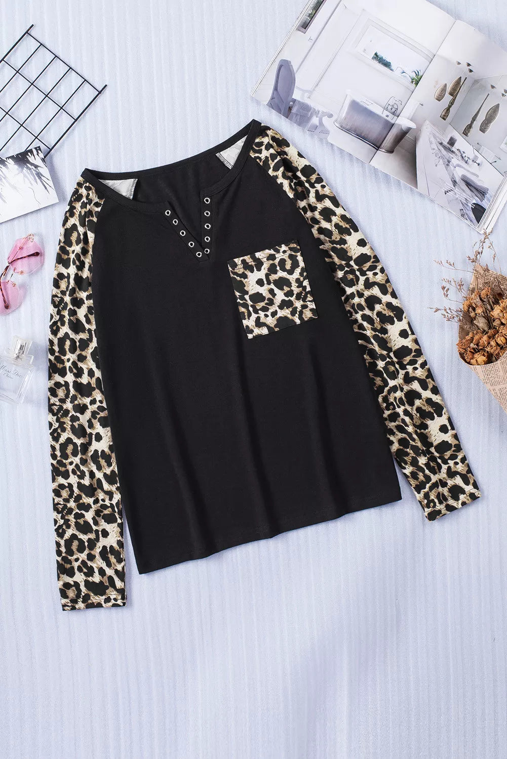 Leopard Pocket Notched Neck Raglan Sleeve Blouse