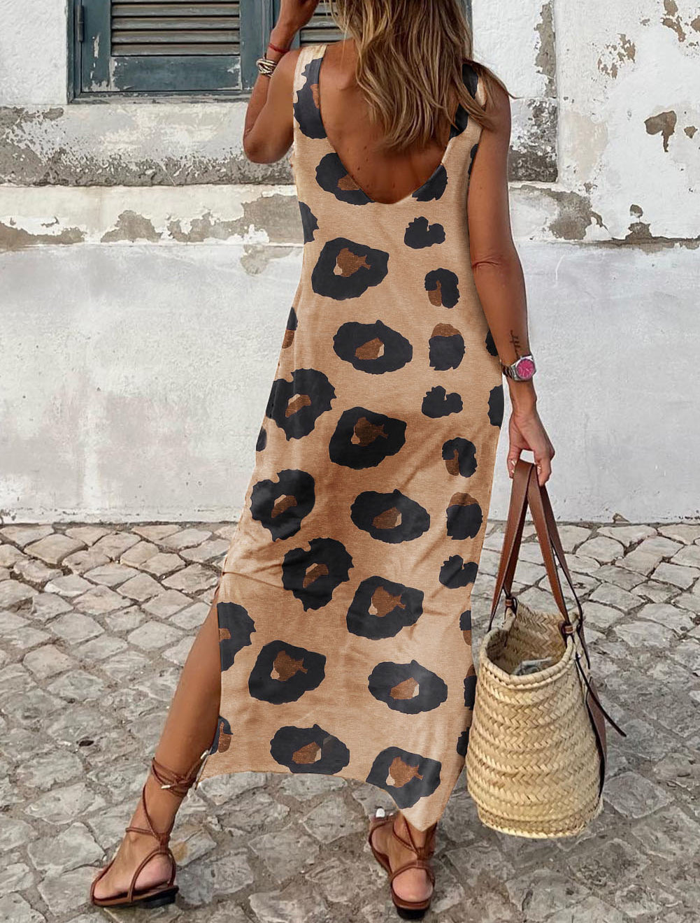 Leopard Split Open Back Sleeveless Maxi Dress