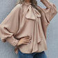Khaki Frilled Knotted Mock Neck Bishop Sleeve Blouse