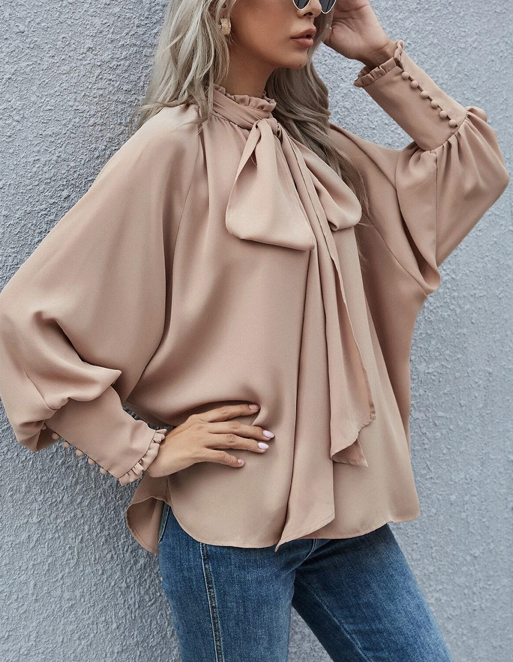 Khaki Frilled Knotted Mock Neck Bishop Sleeve Blouse